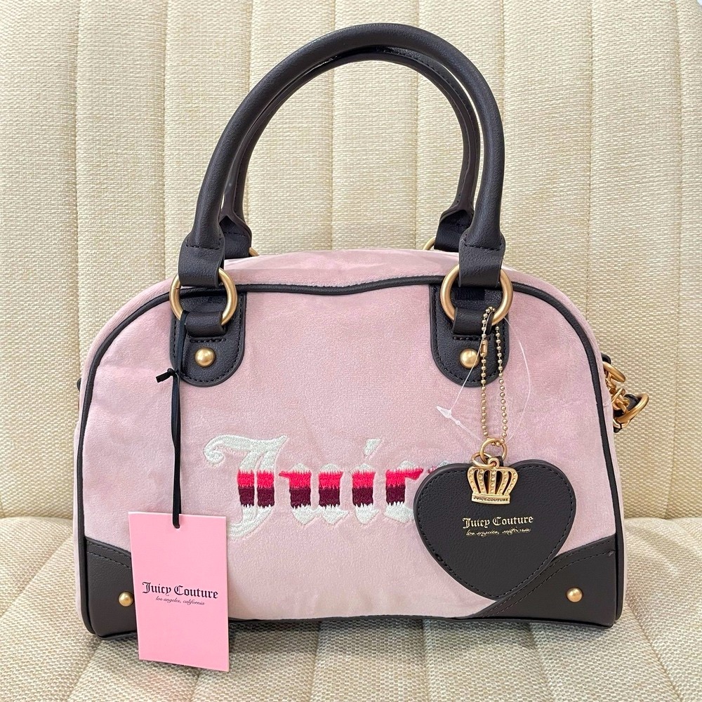 NEW Juicy Couture Pink Velour Satchel Bowler Bag Brown Trim Crossbody Heart - Picture 1 of 8